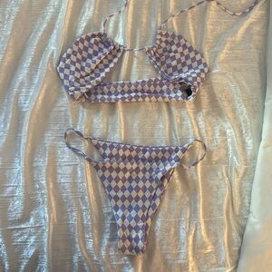 White and purple checkered bikini set